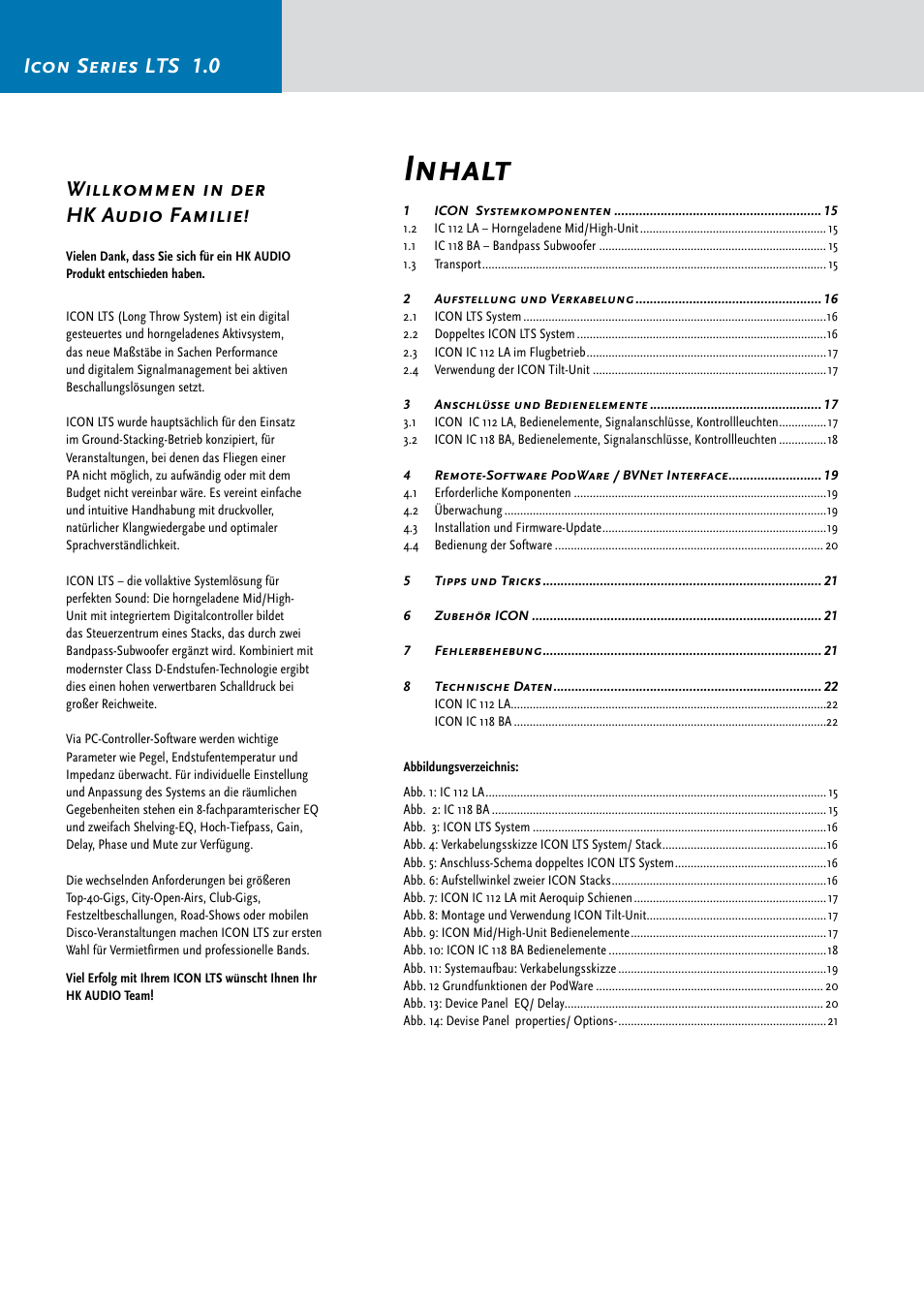 Inhalt, Icon series lts 1.0, Willkommen in der hk audio familie | HK Audio IC 118 BA User Manual | Page 14 / 34