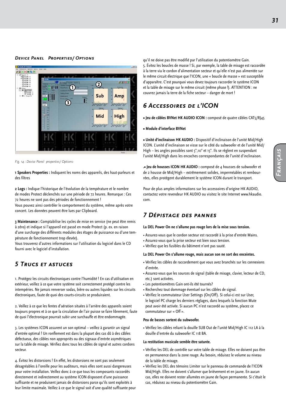 5 trucs et astuces, 6 accessoires de l’icon, 7 dépistage des pannes | Fr an ça is | HK Audio IC 118 BA User Manual | Page 31 / 34