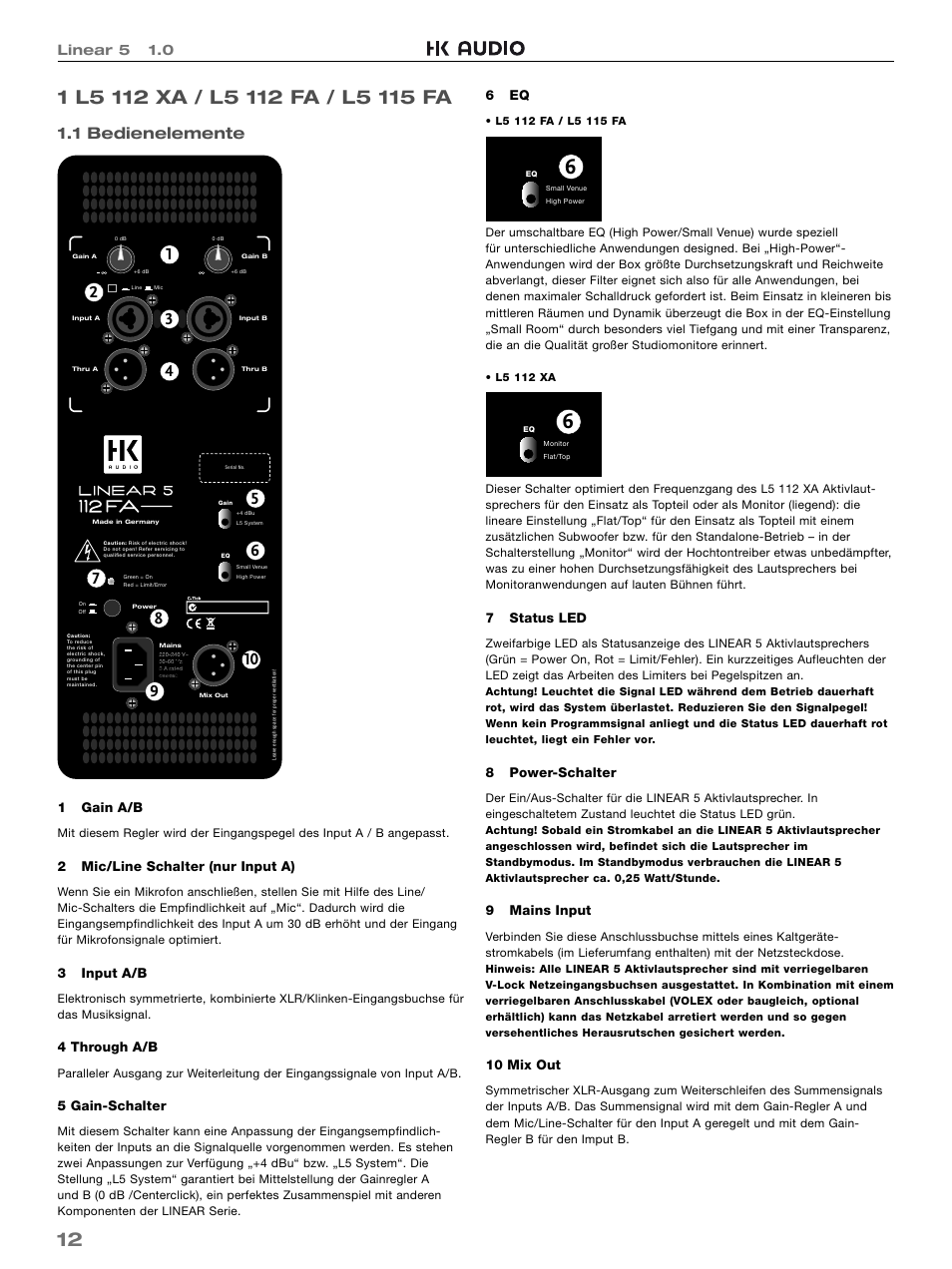 1 bedienelemente, Linear 5 1.0 | HK Audio L5 115 FA User Manual | Page 12 / 48