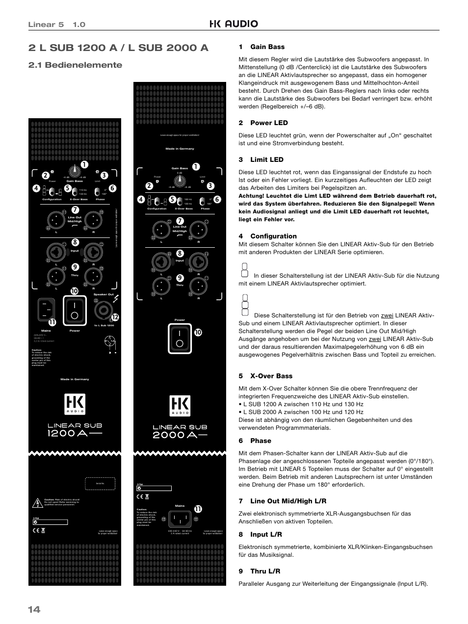 1 bedienelemente, Linear 5 1.0, 1 gain bass | 2 power led, 3 limit led, 4 conﬁ guration, 5 x-over bass, 6 phase, 7 line out mid/high l/r, 8 input l/r | HK Audio L5 115 FA User Manual | Page 14 / 48