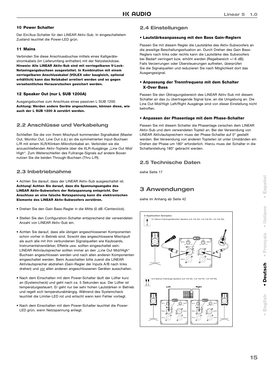 3 anwendungen, 2 anschlüsse und verkabelung, 3 inbetriebnahme | 4 einstellungen, 5 technische daten, English • deutsch • français • italiano • español, Linear 5 1.0, 10 power schalter, 11 mains, Lautstärkeanpassung mit den bass gain-reglern | HK Audio L5 115 FA User Manual | Page 15 / 48