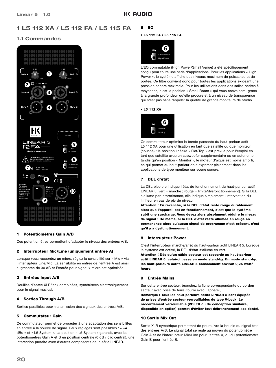 1 commandes, Linear 5 1.0 | HK Audio L5 115 FA User Manual | Page 20 / 48