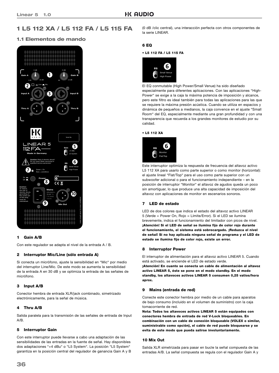 1 elementos de mando, Linear 5 1.0 | HK Audio L5 115 FA User Manual | Page 36 / 48