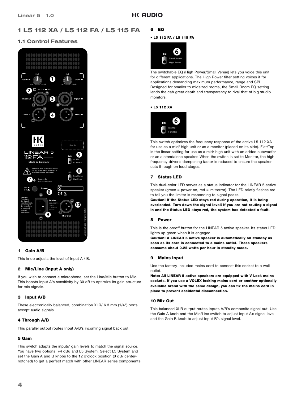1 control features, Linear 5 1.0 | HK Audio L5 115 FA User Manual | Page 4 / 48