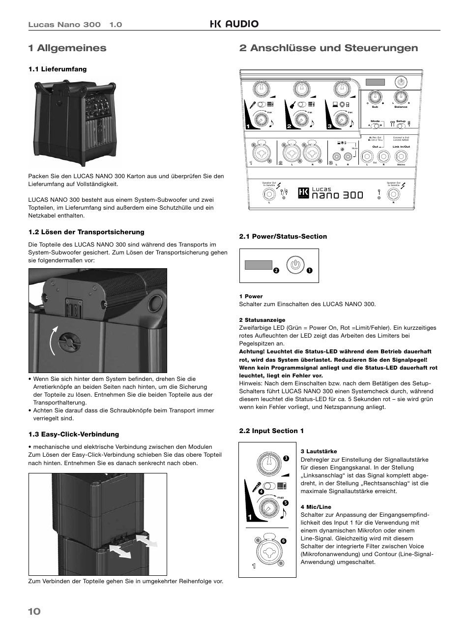 10 1 allgemeines, 2 anschlüsse und steuerungen, 1 lieferumfang | 2 lösen der transportsicherung, 3 easy-click-verbindung | HK Audio LUCAS NANO 300 User Manual | Page 10 / 44