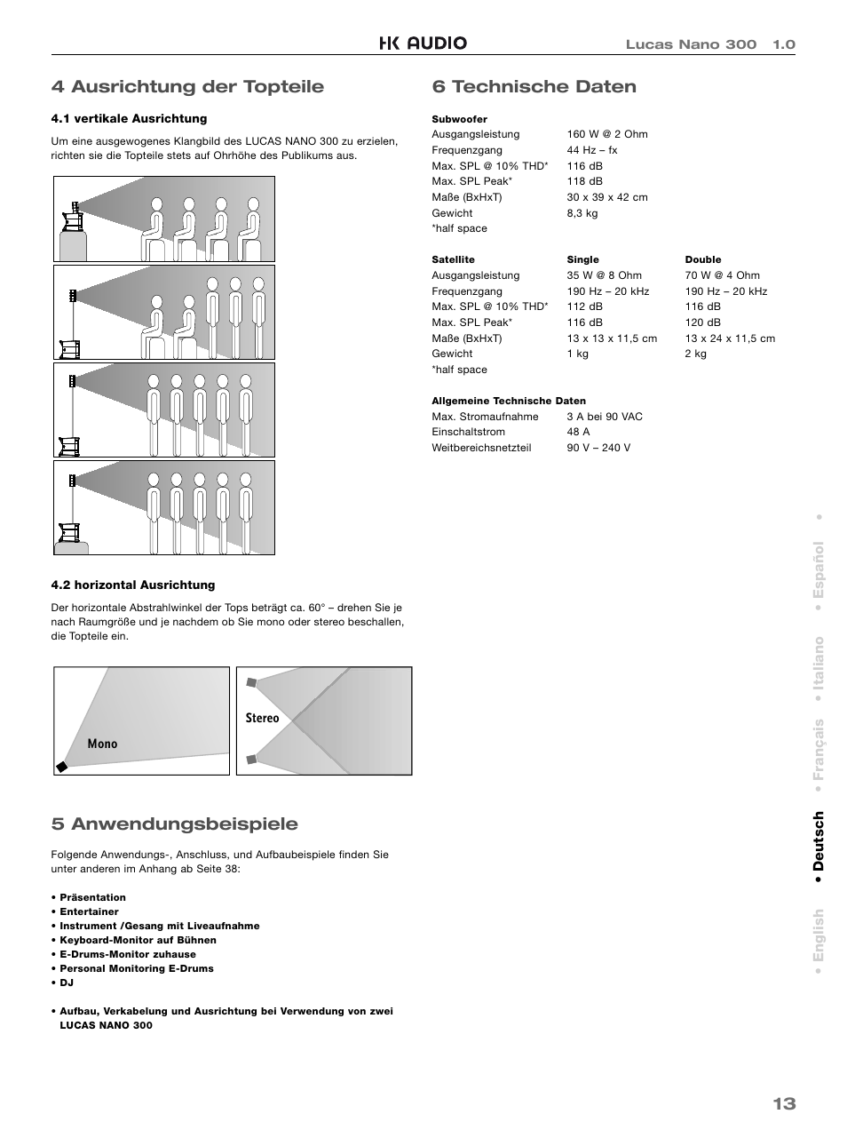 13 4 ausrichtung der topteile, 5 anwendungsbeispiele, 6 technische daten | HK Audio LUCAS NANO 300 User Manual | Page 13 / 44