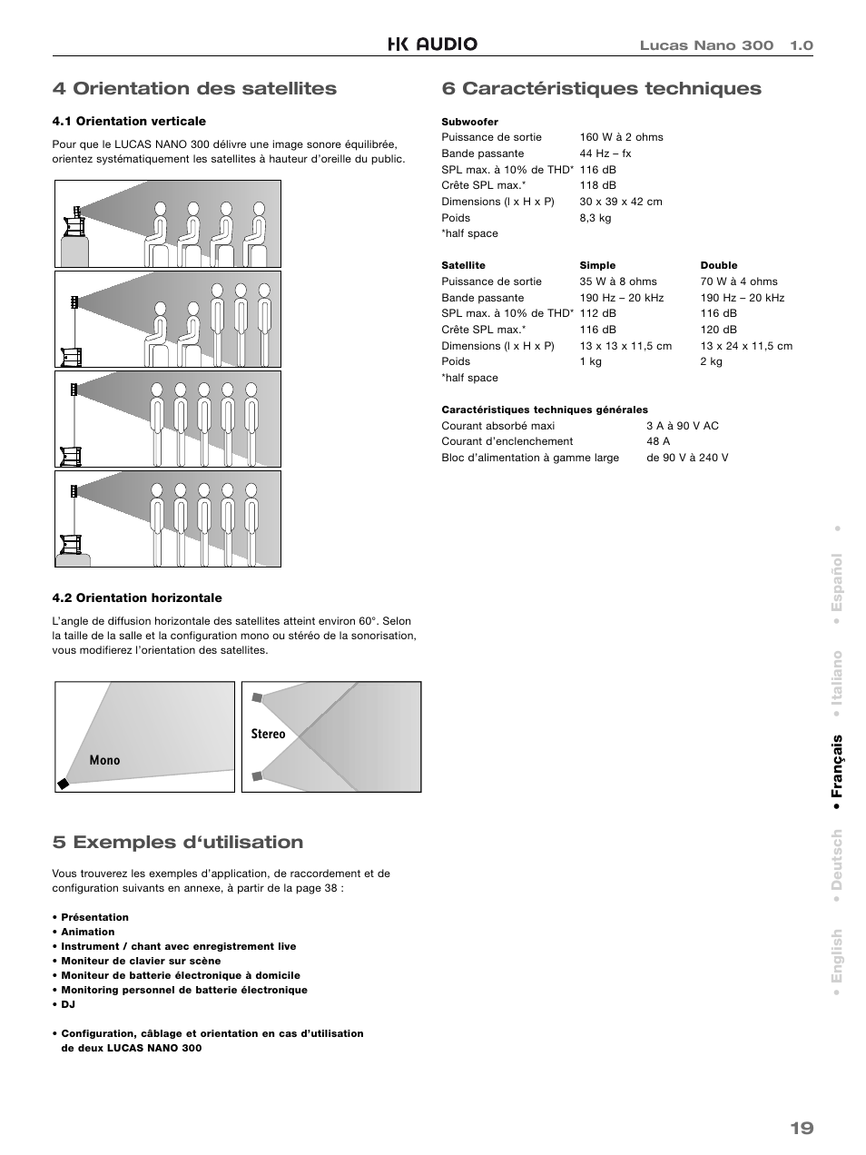 19 4 orientation des satellites, 5 exemples d‘utilisation, 6 caractéristiques techniques | HK Audio LUCAS NANO 300 User Manual | Page 19 / 44