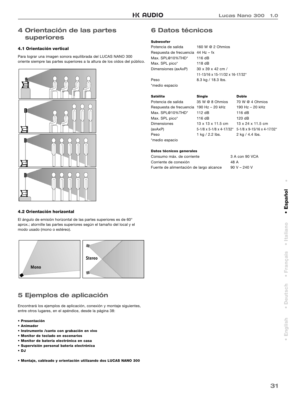 31 4 orientación de las partes superiores, 5 ejemplos de aplicación, 6 datos técnicos | HK Audio LUCAS NANO 300 User Manual | Page 31 / 44