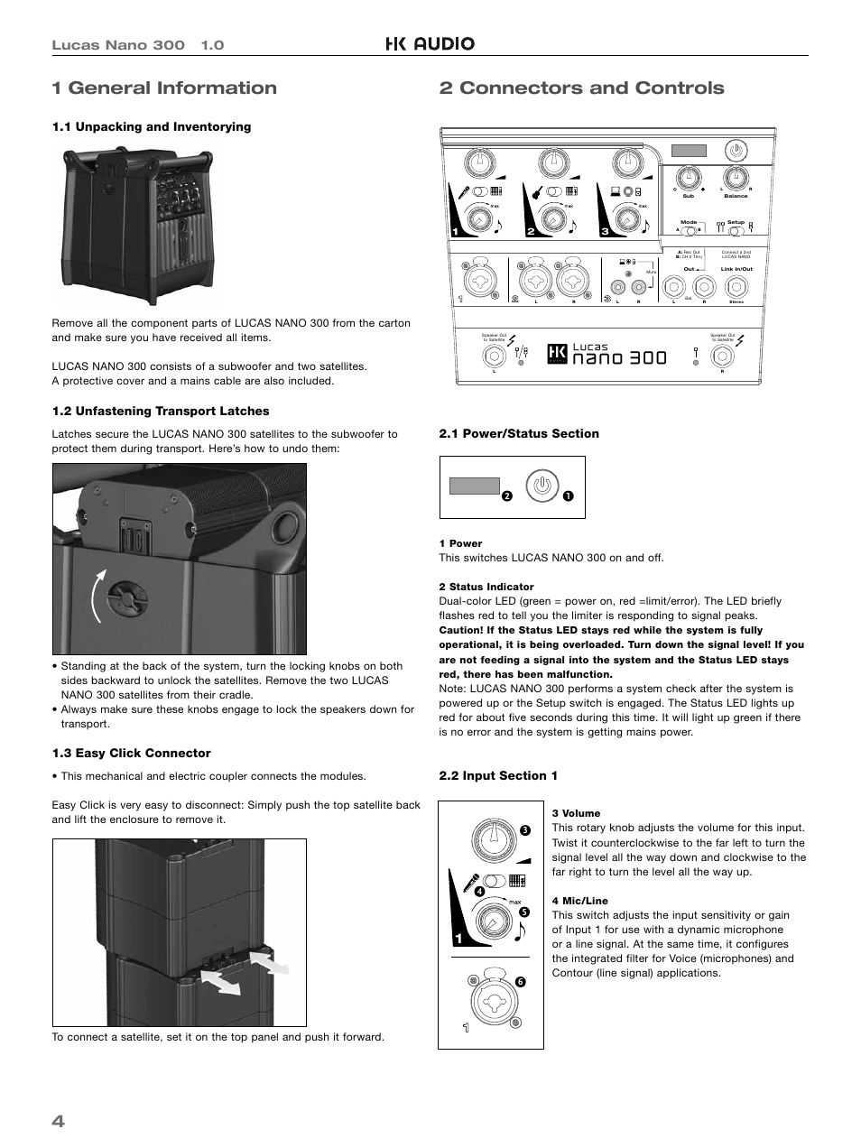 41 general information, 2 connectors and controls, 1 unpacking and inventorying | 2 unfastening transport latches, 3 easy click connector | HK Audio LUCAS NANO 300 User Manual | Page 4 / 44