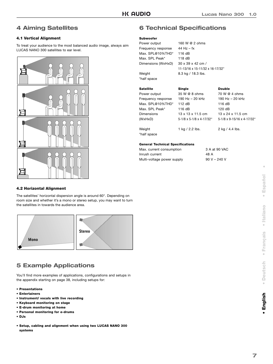 74 aiming satellites, 5 example applications, 6 technical specifi cations | HK Audio LUCAS NANO 300 User Manual | Page 7 / 44