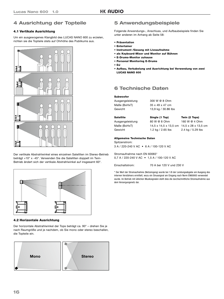 16 4 ausrichtung der topteile, 5 anwendungsbeispiele, 6 technische daten | HK Audio LUCAS NANO 600 User Manual | Page 16 / 64