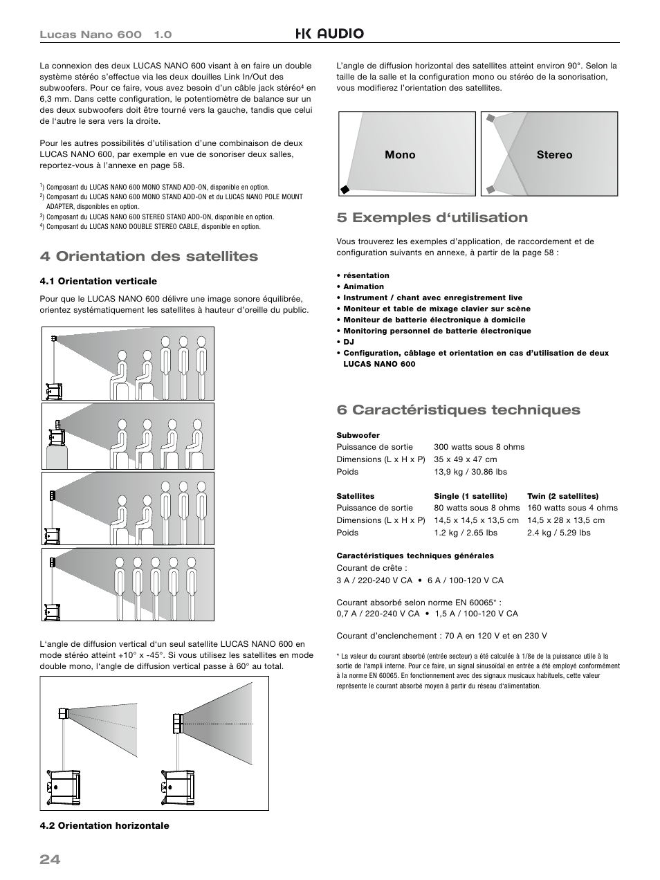 4 orientation des satellites, 5 exemples d‘utilisation, 6 caractéristiques techniques | HK Audio LUCAS NANO 600 User Manual | Page 24 / 64