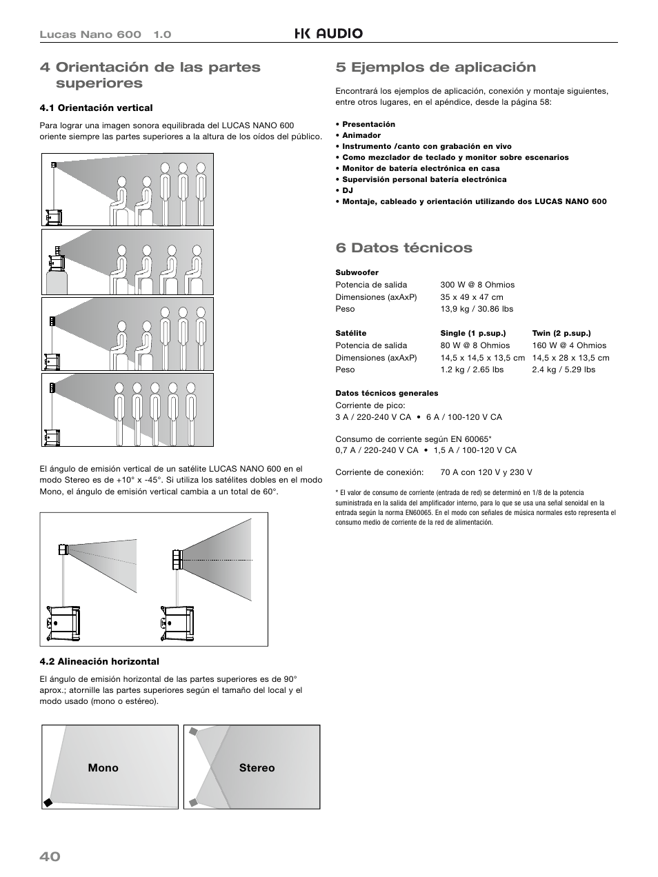 40 4 orientación de las partes superiores, 5 ejemplos de aplicación, 6 datos técnicos | HK Audio LUCAS NANO 600 User Manual | Page 40 / 64