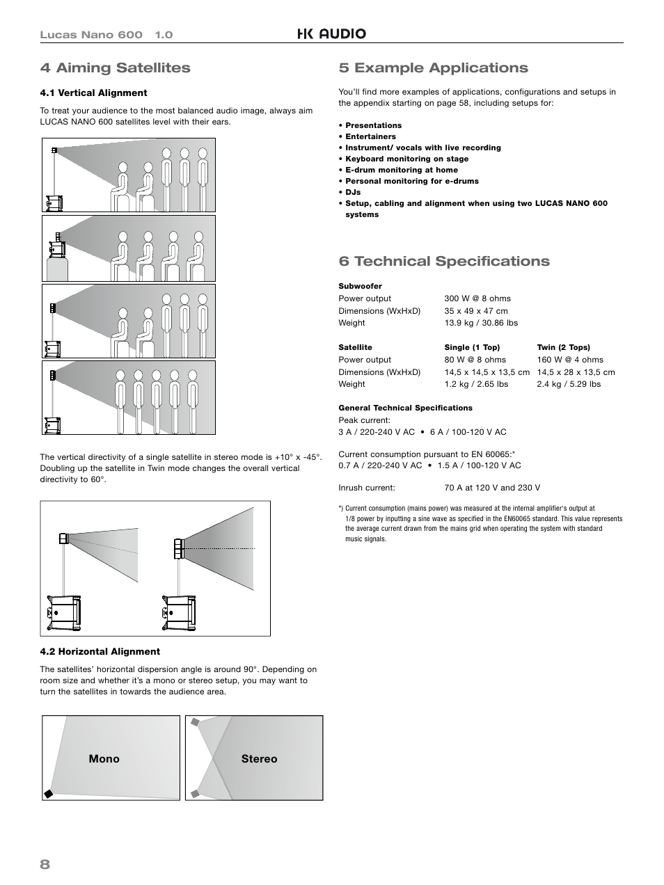 84 aiming satellites, 5 example applications, 6 technical specifi cations | HK Audio LUCAS NANO 600 User Manual | Page 8 / 64