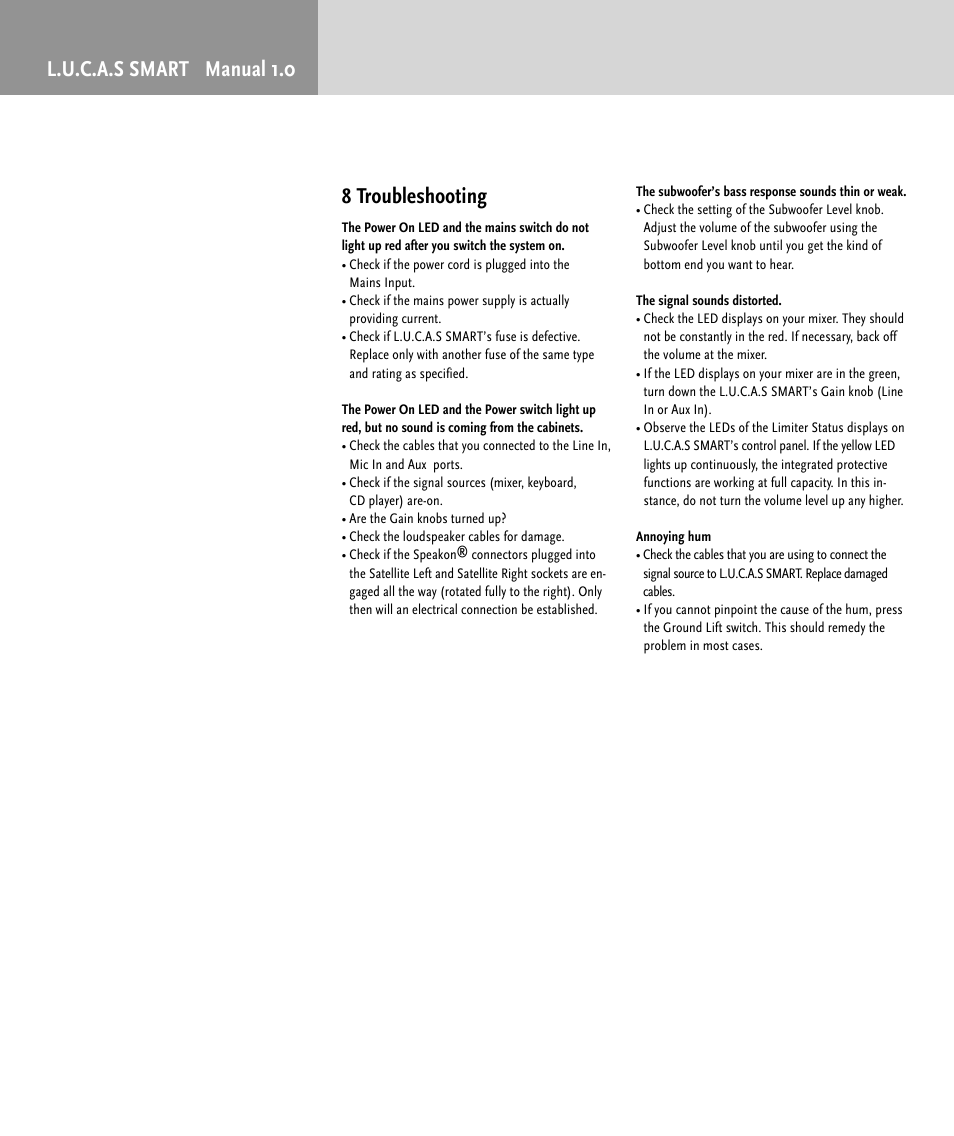 L.u.c.a.s smart manual 1.0 8 troubleshooting | HK Audio LUCAS SMART User Manual | Page 10 / 36