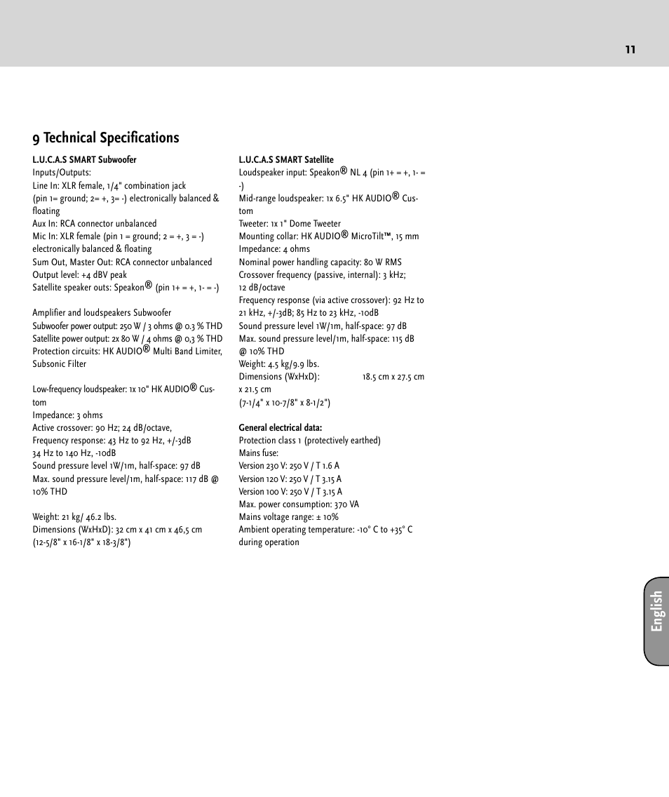 11 en gl is h 9 technical specifications | HK Audio LUCAS SMART User Manual | Page 11 / 36