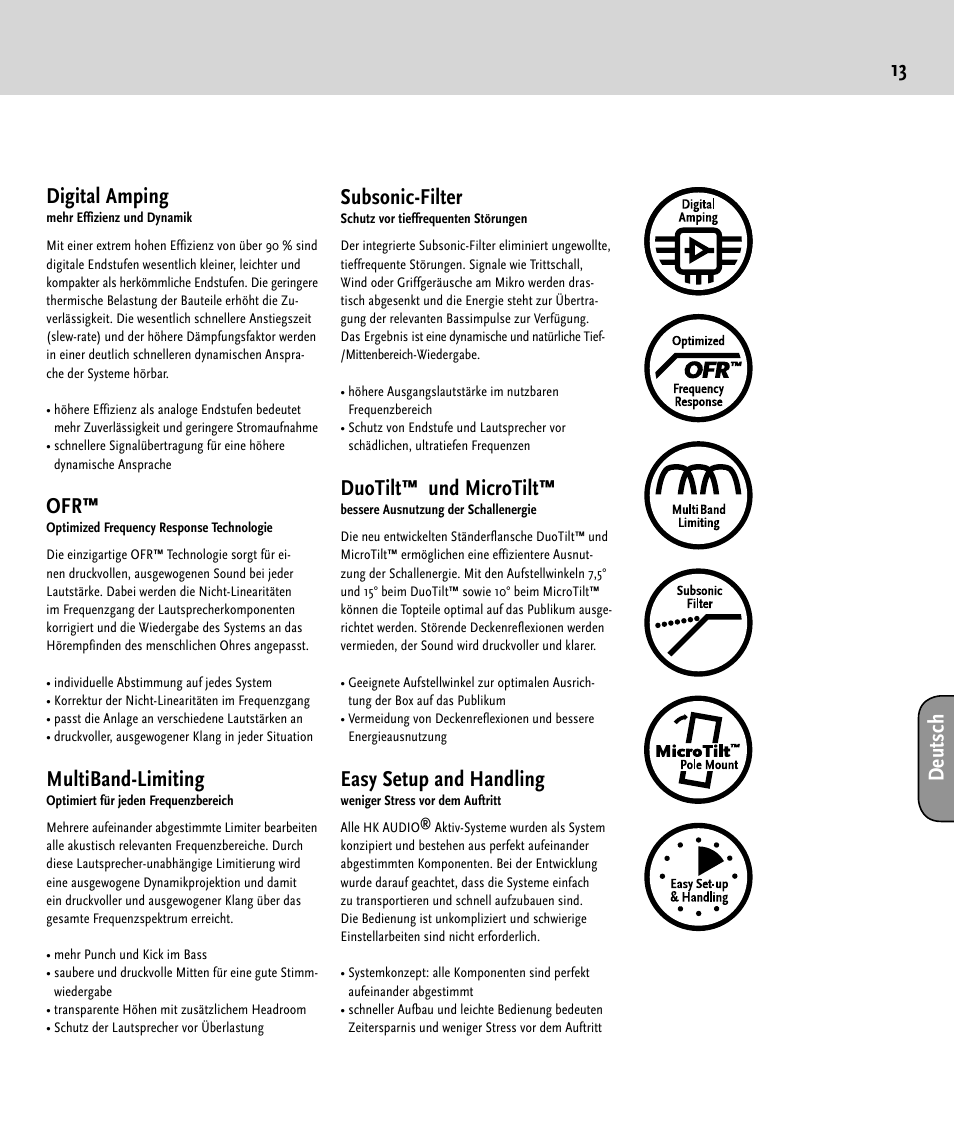 13 digital amping, Multiband-limiting, Subsonic-filter | Duotilt™ und microtilt, Easy setup and handling, Deu ts ch | HK Audio LUCAS SMART User Manual | Page 13 / 36