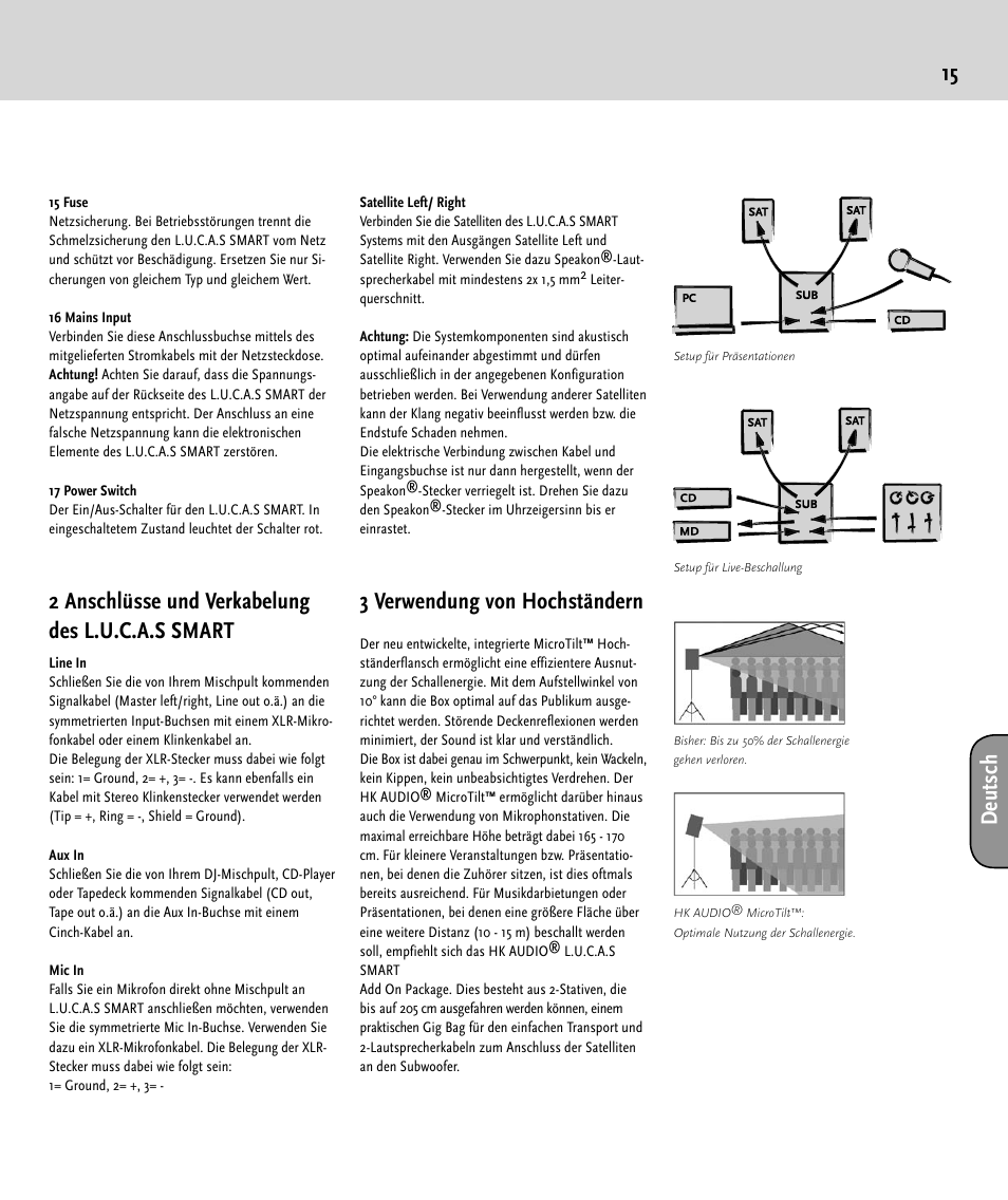 15 d eu ts ch, 2 anschlüsse und verkabelung des l.u.c.a.s smart, 3 verwendung von hochständern | HK Audio LUCAS SMART User Manual | Page 15 / 36
