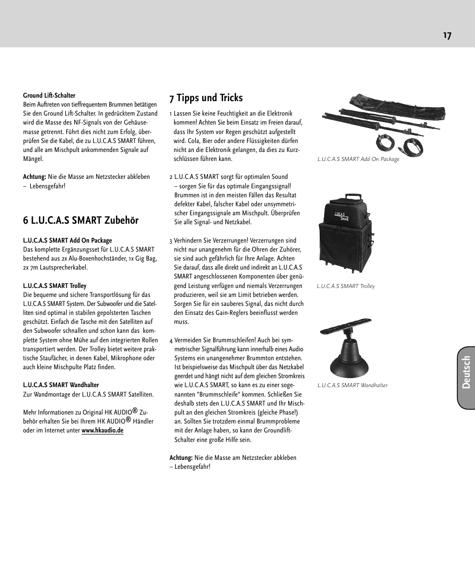 17 d eu ts ch, 6 l.u.c.a.s smart zubehör, 7 tipps und tricks | HK Audio LUCAS SMART User Manual | Page 17 / 36