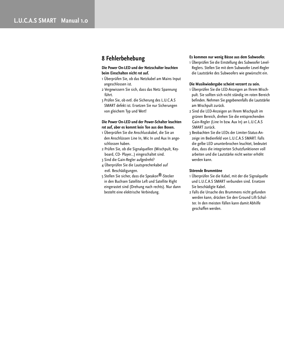 L.u.c.a.s smart manual 1.0 8 fehlerbehebung | HK Audio LUCAS SMART User Manual | Page 18 / 36