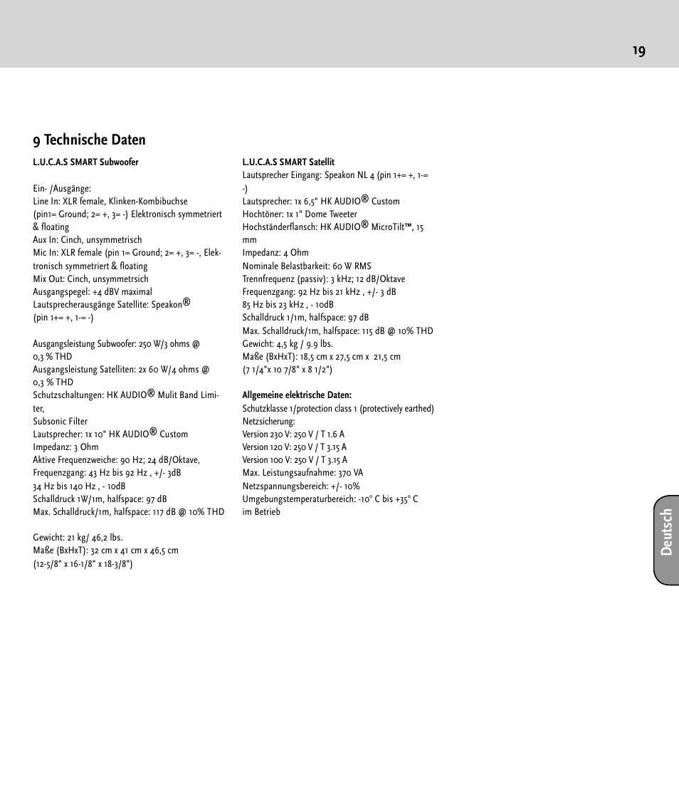 19 d eu ts ch 9 technische daten | HK Audio LUCAS SMART User Manual | Page 19 / 36