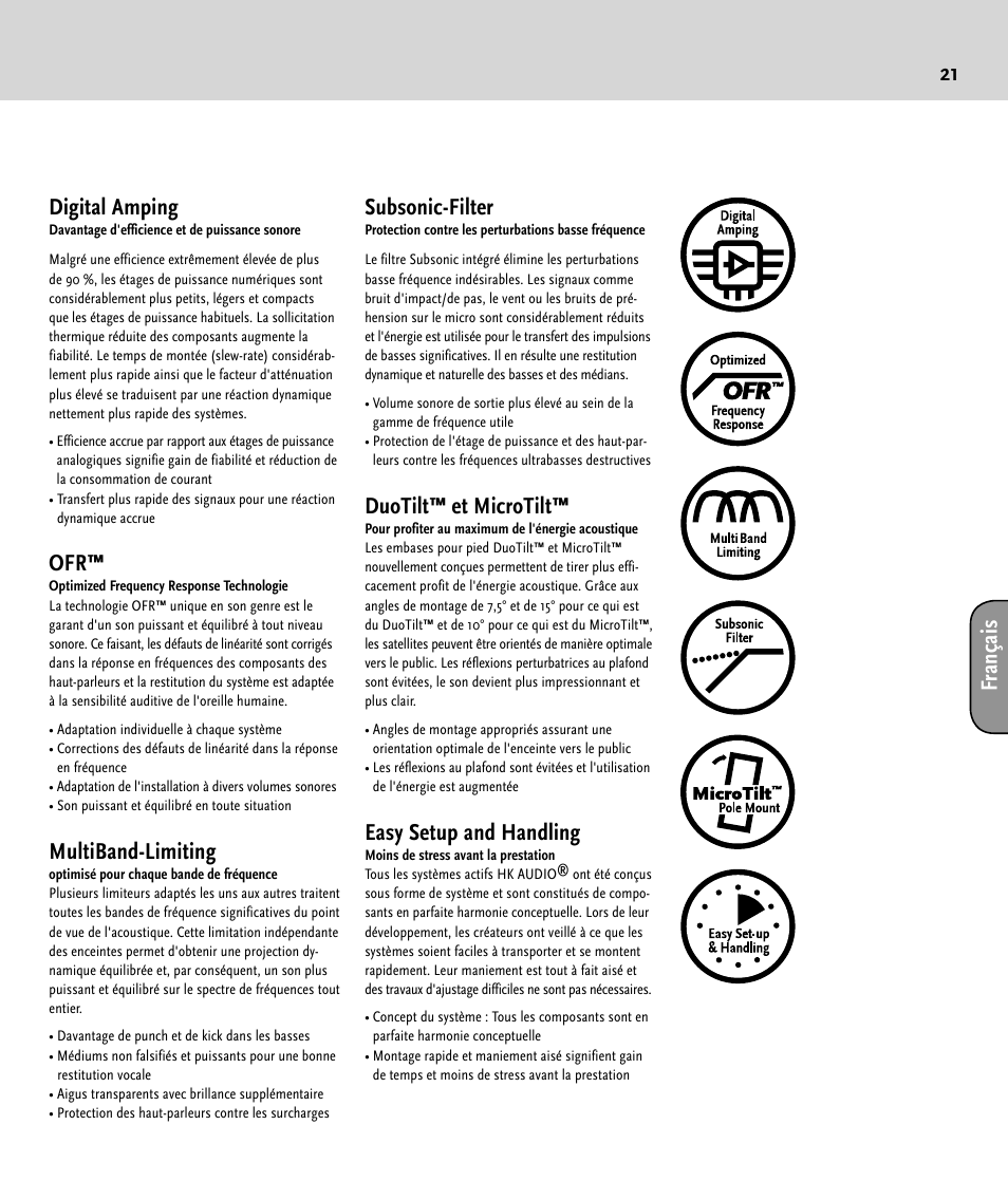 21 digital amping, Multiband-limiting, Subsonic-filter | Duotilt™ et microtilt, Easy setup and handling, Fr an ça is | HK Audio LUCAS SMART User Manual | Page 21 / 36