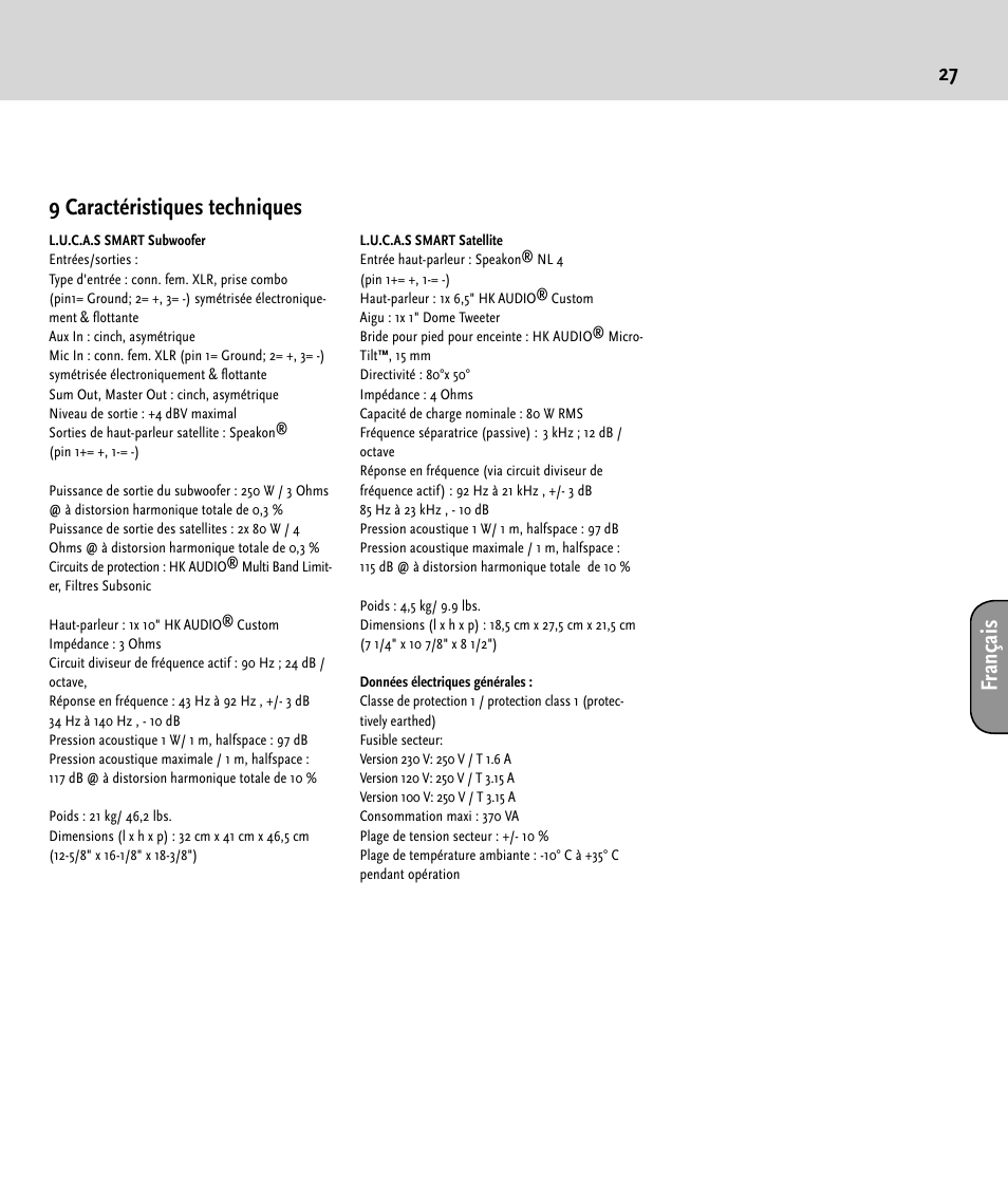 27 fr an ça is 9 caractéristiques techniques | HK Audio LUCAS SMART User Manual | Page 27 / 36