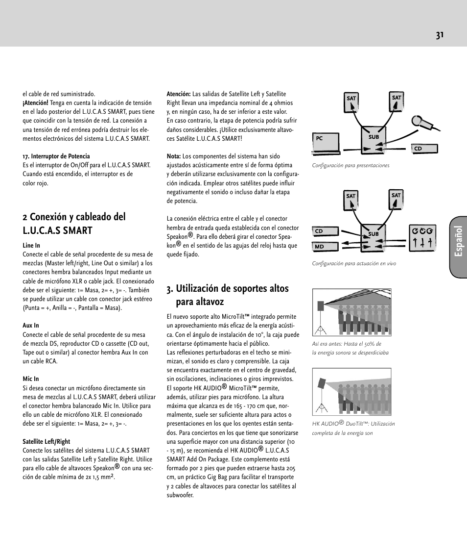 31 es pa ño l, 2 conexión y cableado del l.u.c.a.s smart, Utilización de soportes altos para altavoz | HK Audio LUCAS SMART User Manual | Page 31 / 36