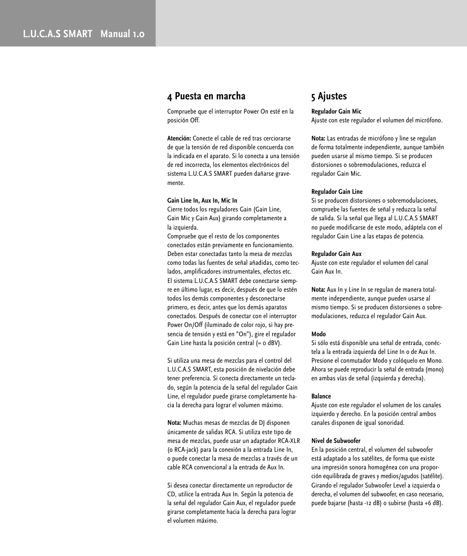L.u.c.a.s smart manual 1.0 4 puesta en marcha, 5 ajustes | HK Audio LUCAS SMART User Manual | Page 32 / 36