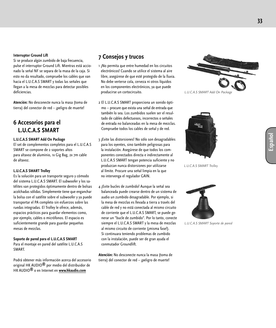 33 es pa ño l, 6 accesorios para el l.u.c.a.s smart, 7 consejos y trucos | HK Audio LUCAS SMART User Manual | Page 33 / 36