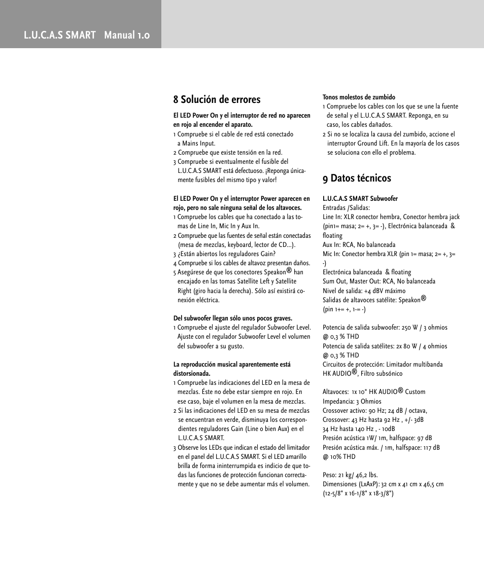 L.u.c.a.s smart manual 1.0 8 solución de errores, 9 datos técnicos | HK Audio LUCAS SMART User Manual | Page 34 / 36