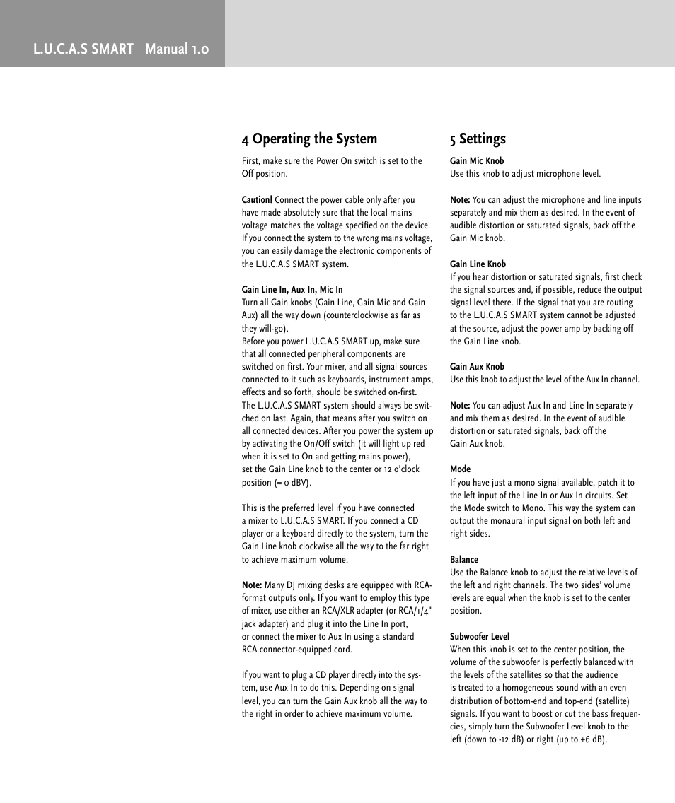 L.u.c.a.s smart manual 1.0 4 operating the system, 5 settings | HK Audio LUCAS SMART User Manual | Page 8 / 36