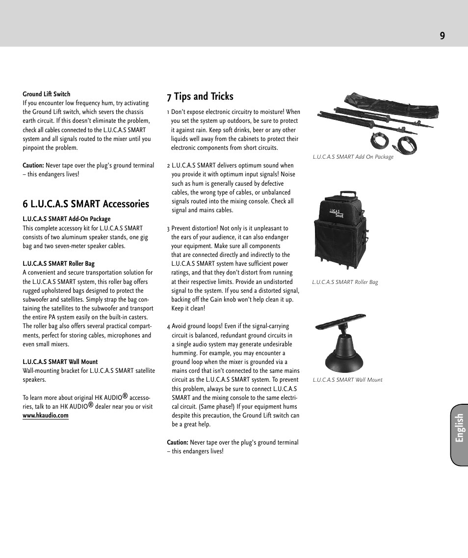 9en gl is h, 6 l.u.c.a.s smart accessories, 7 tips and tricks | HK Audio LUCAS SMART User Manual | Page 9 / 36