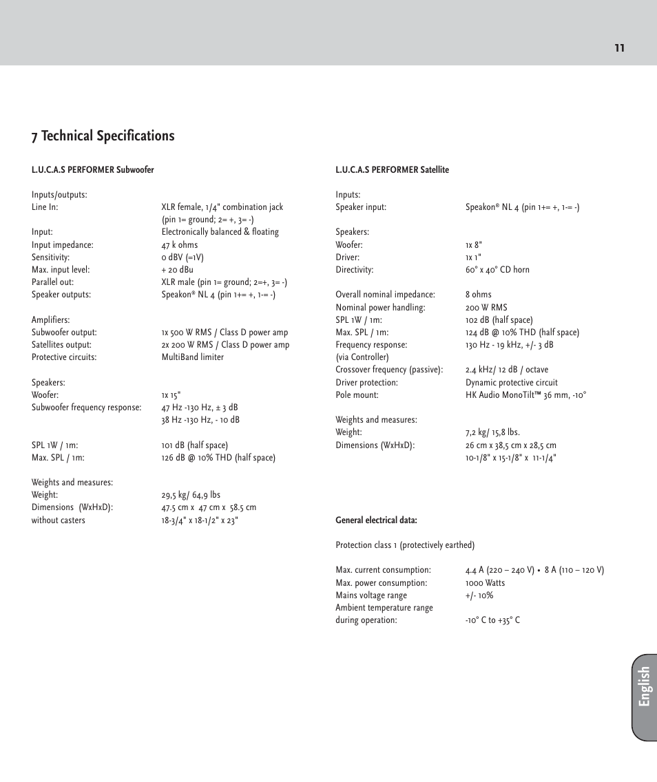 11 7 technical specifications, English | HK Audio LUCAS PERFORMER User Manual | Page 11 / 36