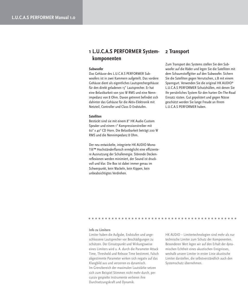 1 l.u.c.a.s performer system- komponenten, 2 transport | HK Audio LUCAS PERFORMER User Manual | Page 14 / 36