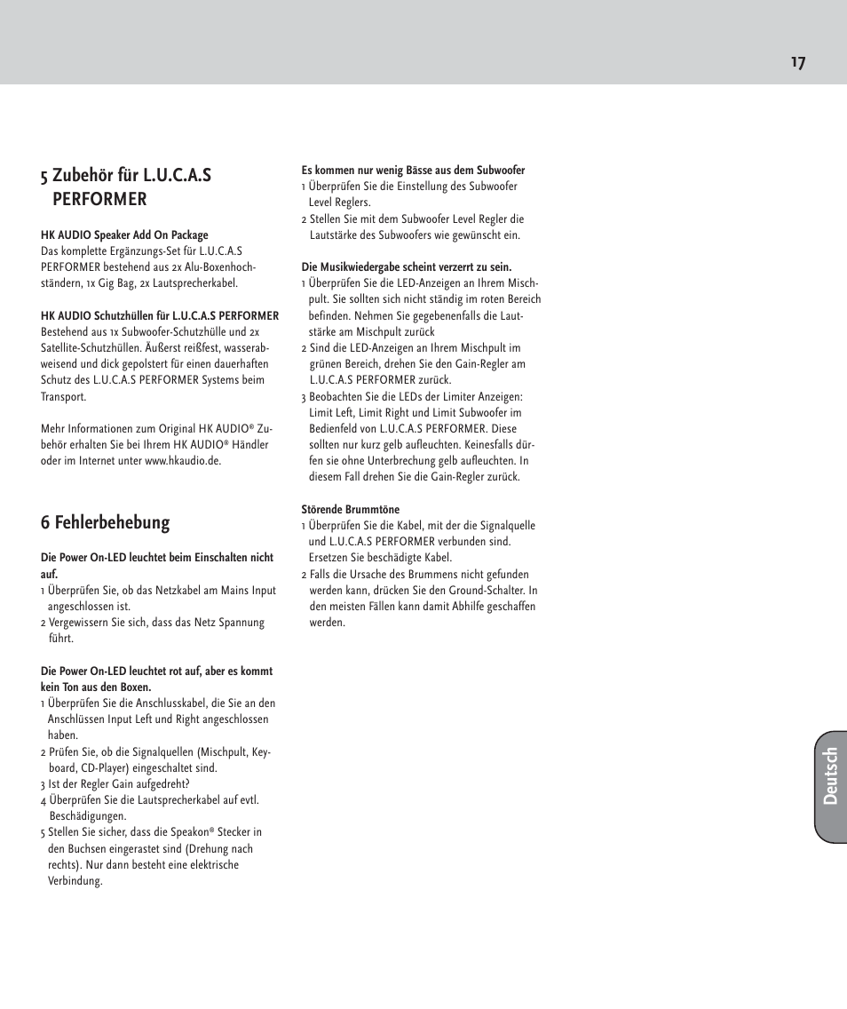 17 5 zubehör für l.u.c.a.s performer, 6 fehlerbehebung, Deutsch | HK Audio LUCAS PERFORMER User Manual | Page 17 / 36