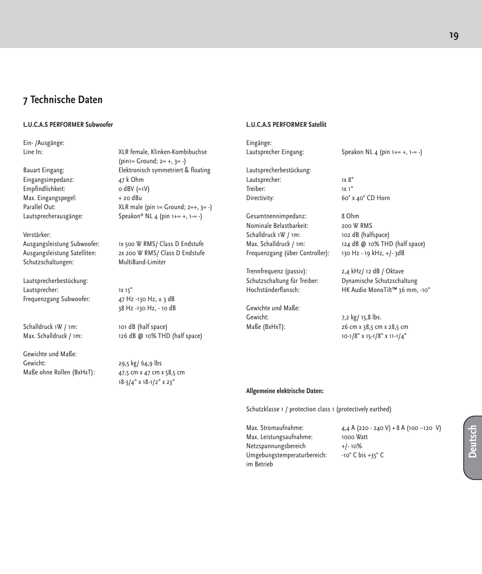 19 7 technische daten, Deutsch | HK Audio LUCAS PERFORMER User Manual | Page 19 / 36