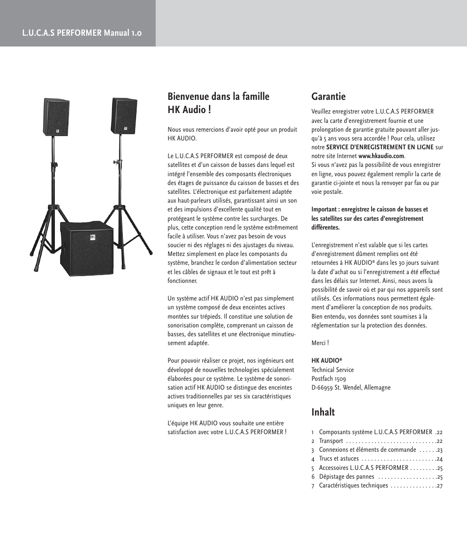 Bienvenue dans la famille hk audio, Garantie, Inhalt | L.u.c.a.s performer manual 1.0 | HK Audio LUCAS PERFORMER User Manual | Page 20 / 36