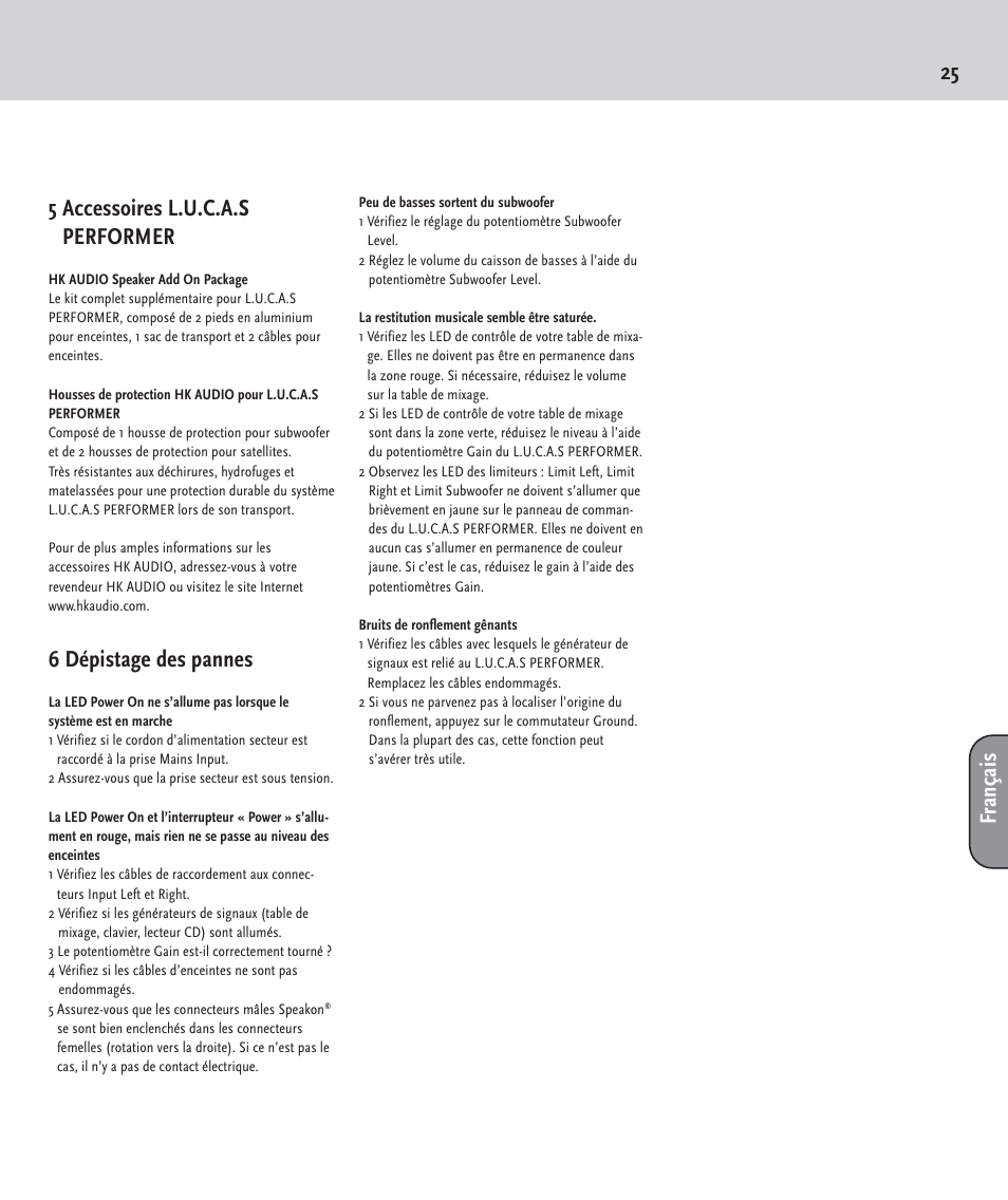 25 5 accessoires l.u.c.a.s performer, 6 dépistage des pannes, Français | HK Audio LUCAS PERFORMER User Manual | Page 25 / 36