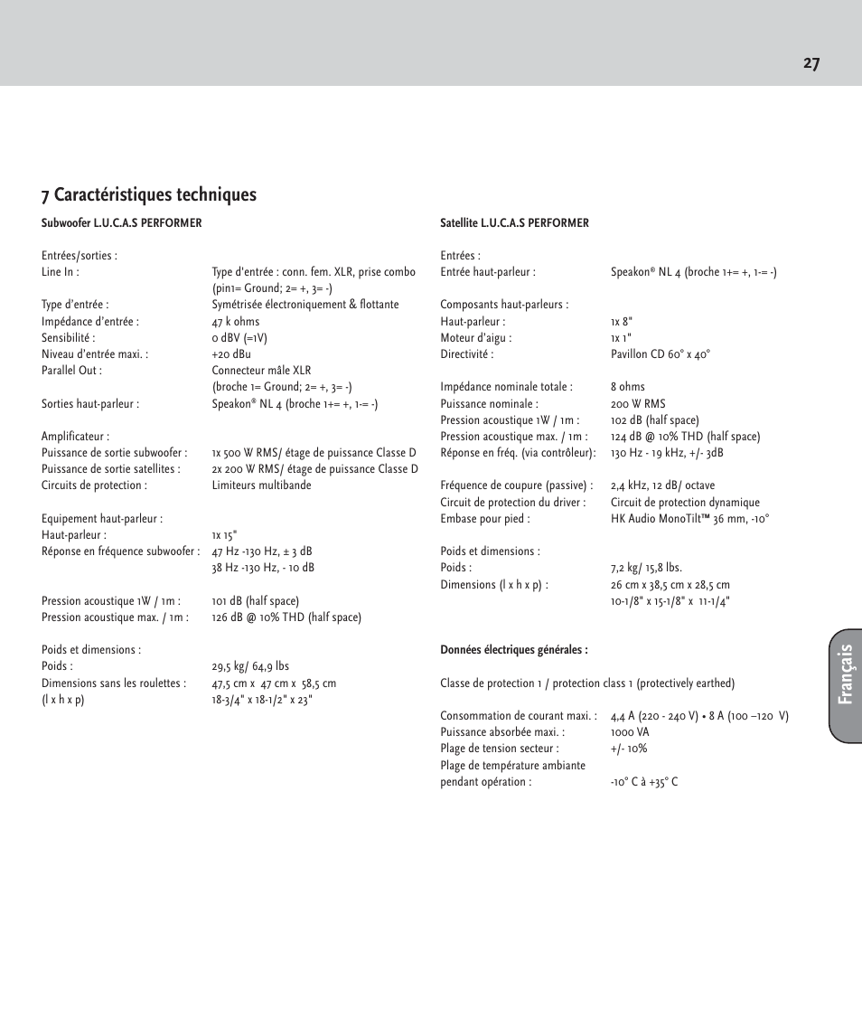 27 7 caractéristiques techniques, Français | HK Audio LUCAS PERFORMER User Manual | Page 27 / 36