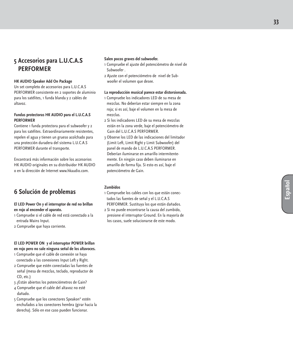 33 5 accesorios para l.u.c.a.s performer, 6 solución de problemas, Español | HK Audio LUCAS PERFORMER User Manual | Page 33 / 36