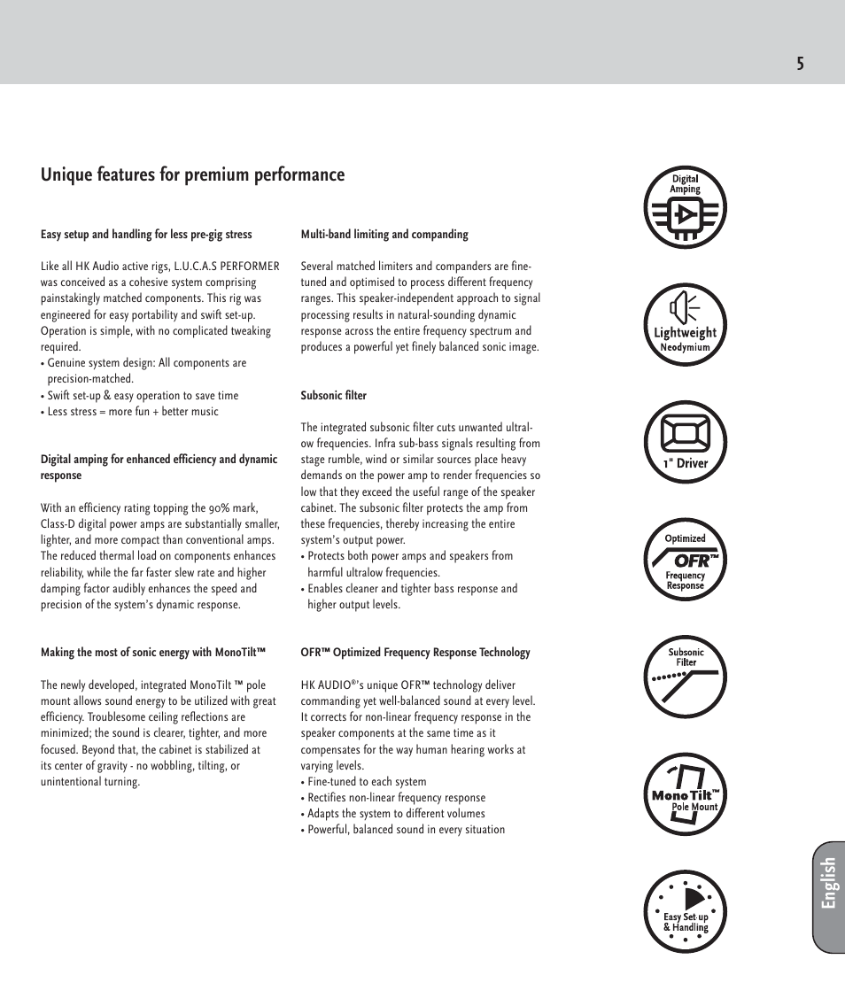 Unique features for premium performance english | HK Audio LUCAS PERFORMER User Manual | Page 5 / 36