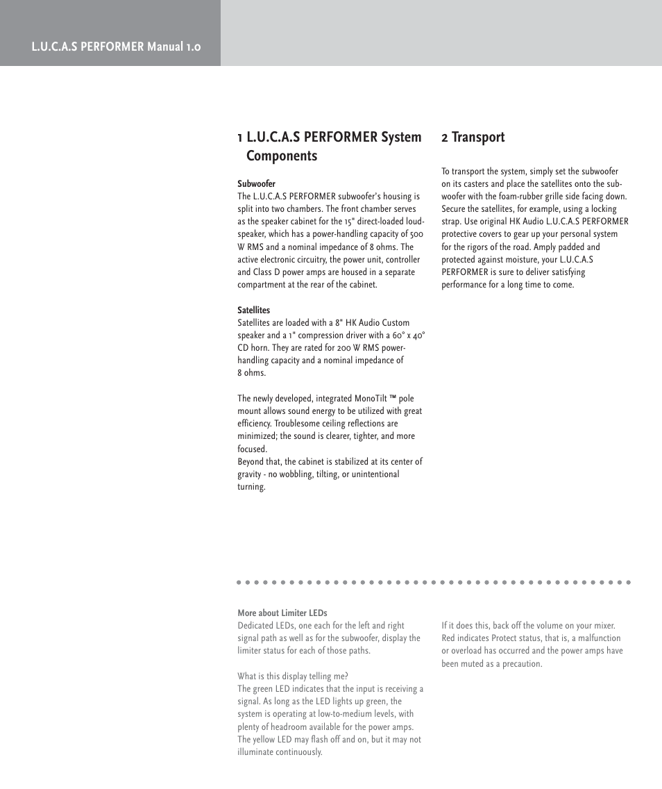 1 l.u.c.a.s performer system components, 2 transport | HK Audio LUCAS PERFORMER User Manual | Page 6 / 36