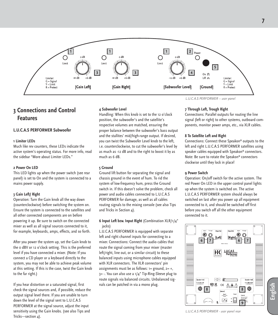 73 connections and control features, English | HK Audio LUCAS PERFORMER User Manual | Page 7 / 36