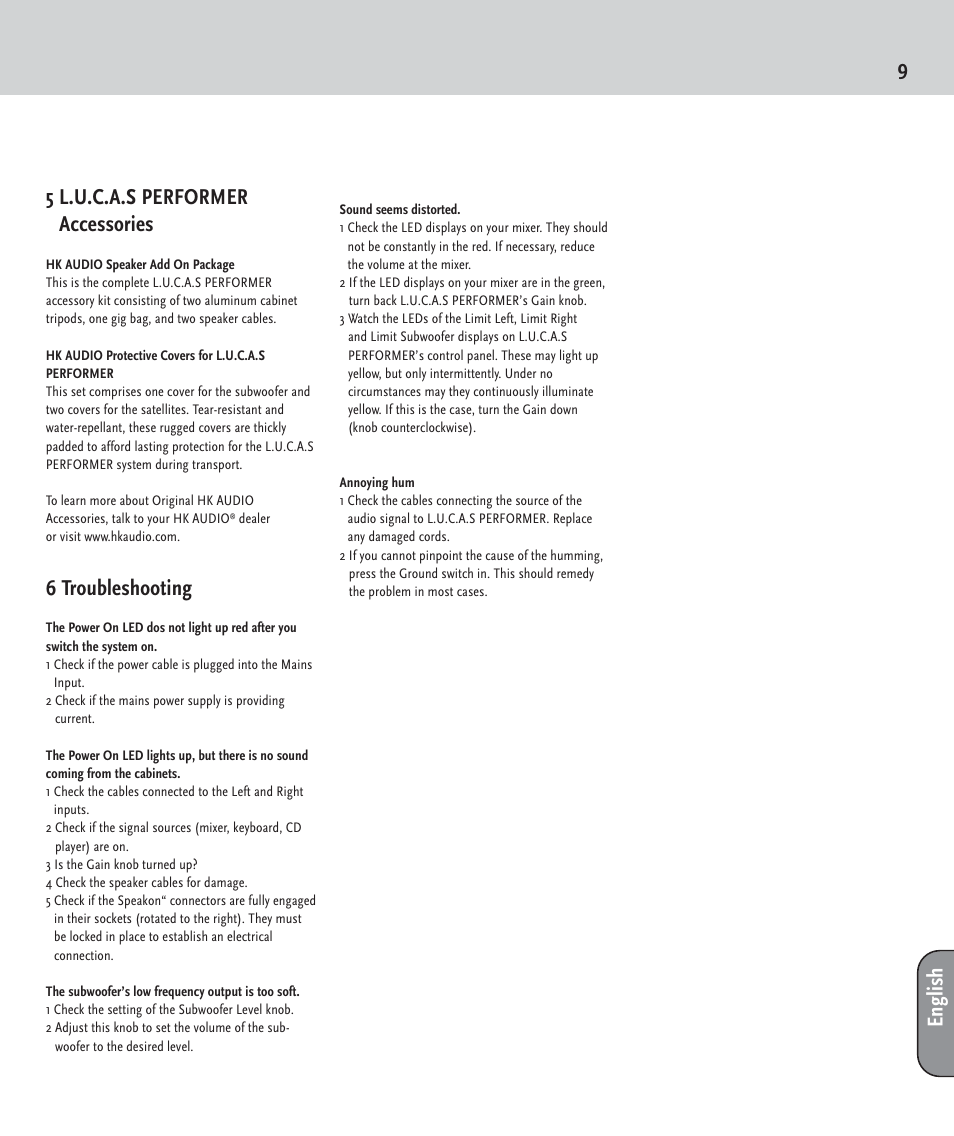 95 l.u.c.a.s performer accessories, 6 troubleshooting, English | HK Audio LUCAS PERFORMER User Manual | Page 9 / 36
