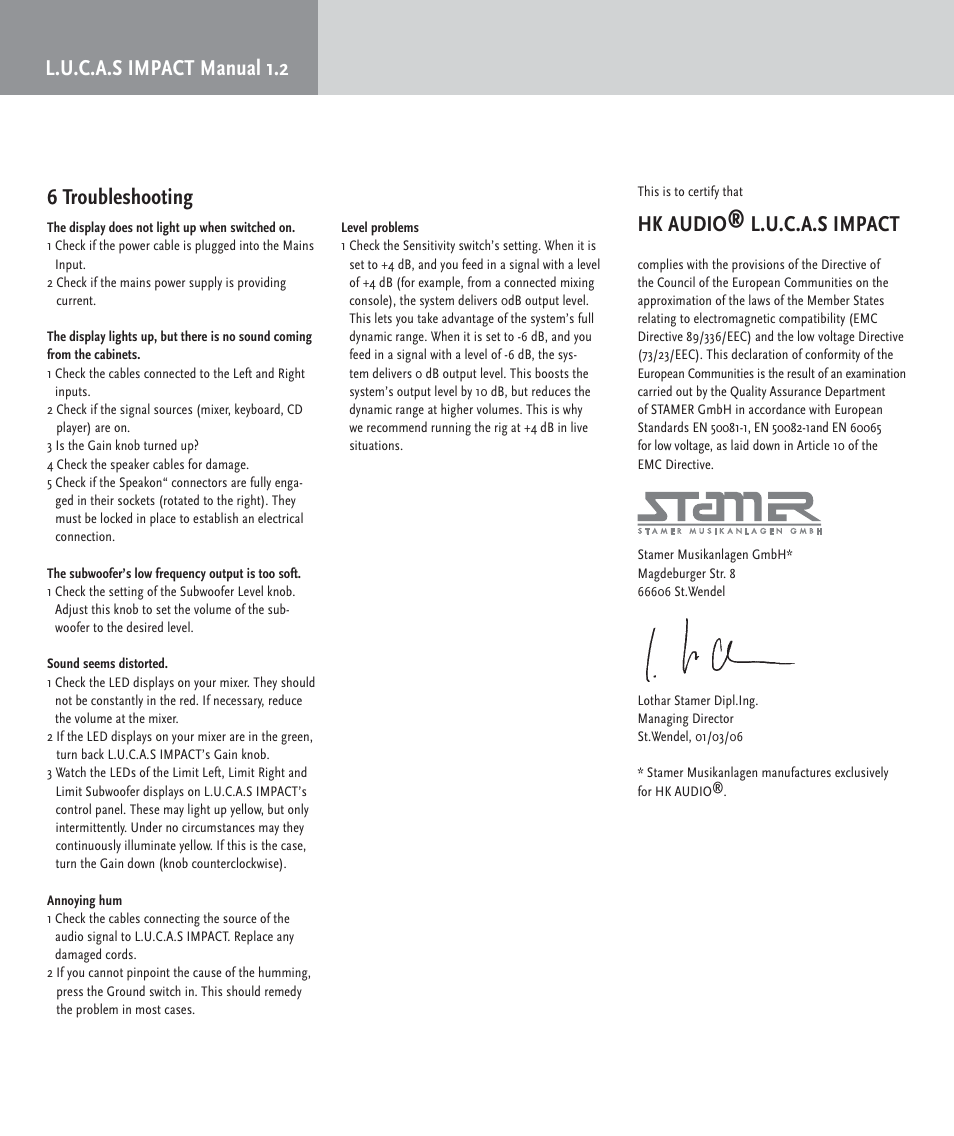 L.u.c.a.s impact manual 1.2 6 troubleshooting, Hk audio® l.u.c.a.s impact | HK Audio LUCAS IMPACT User Manual | Page 10 / 36