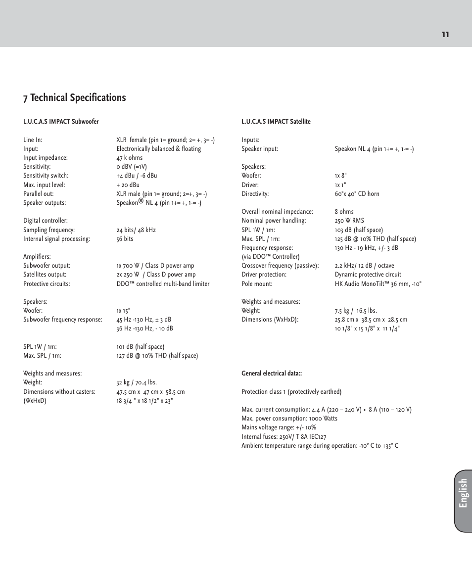 11 7 technical specifications, English | HK Audio LUCAS IMPACT User Manual | Page 11 / 36