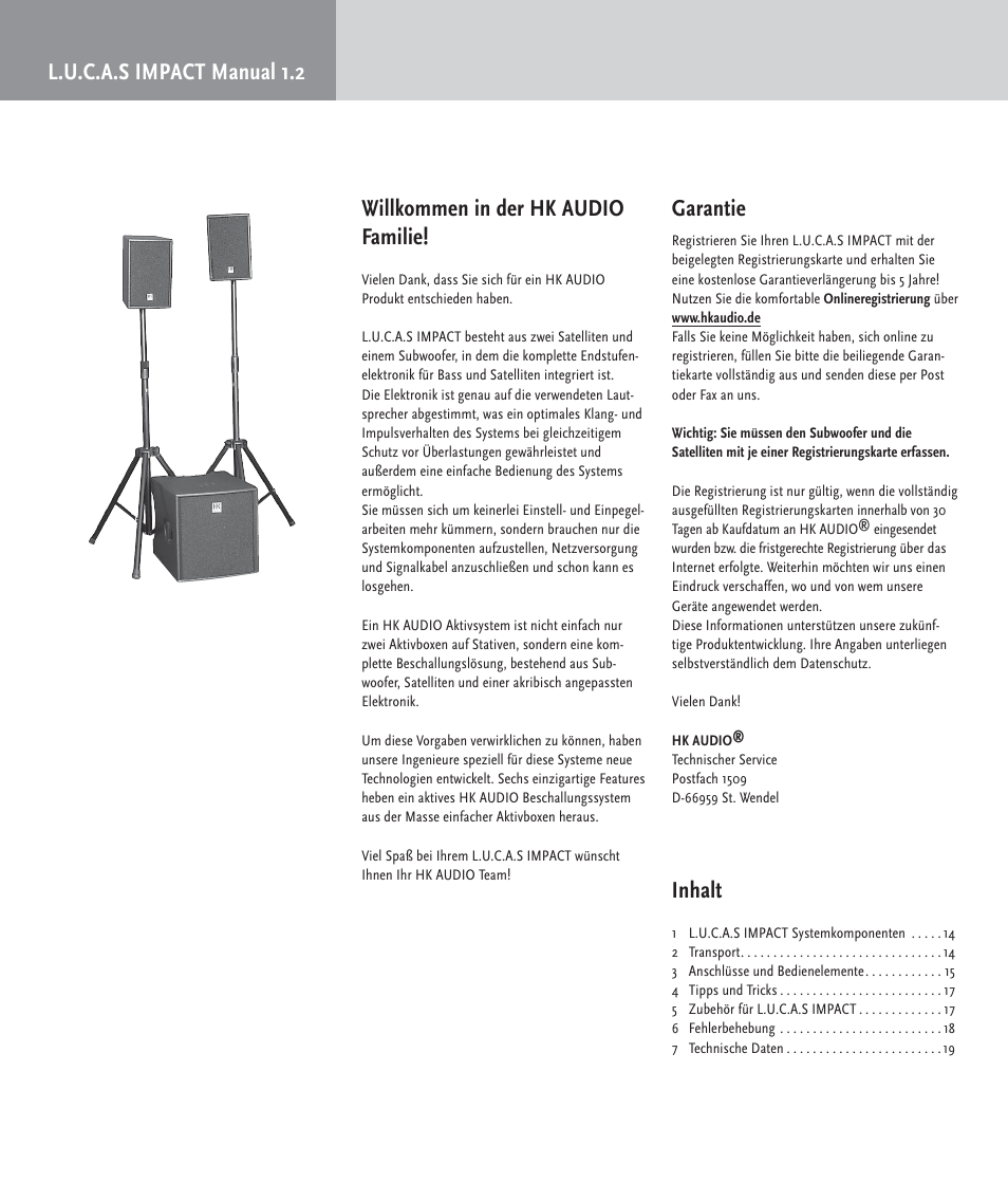 Garantie, Inhalt | HK Audio LUCAS IMPACT User Manual | Page 12 / 36