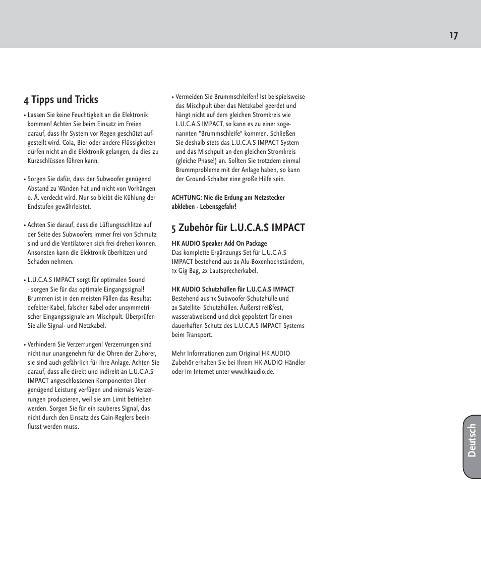 17 4 tipps und tricks, 5 zubehör für l.u.c.a.s impact, Deutsch | HK Audio LUCAS IMPACT User Manual | Page 17 / 36