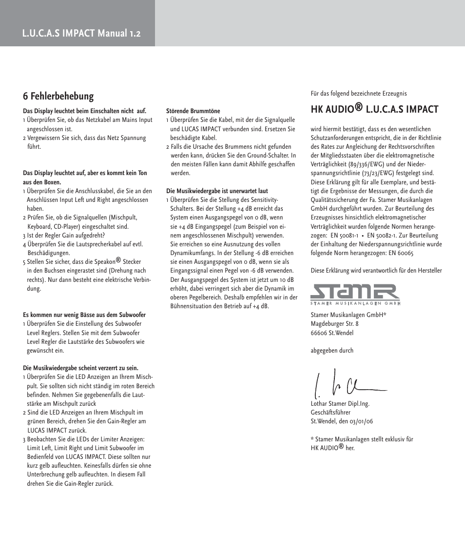 L.u.c.a.s impact manual 1.2 6 fehlerbehebung, Hk audio® l.u.c.a.s impact | HK Audio LUCAS IMPACT User Manual | Page 18 / 36